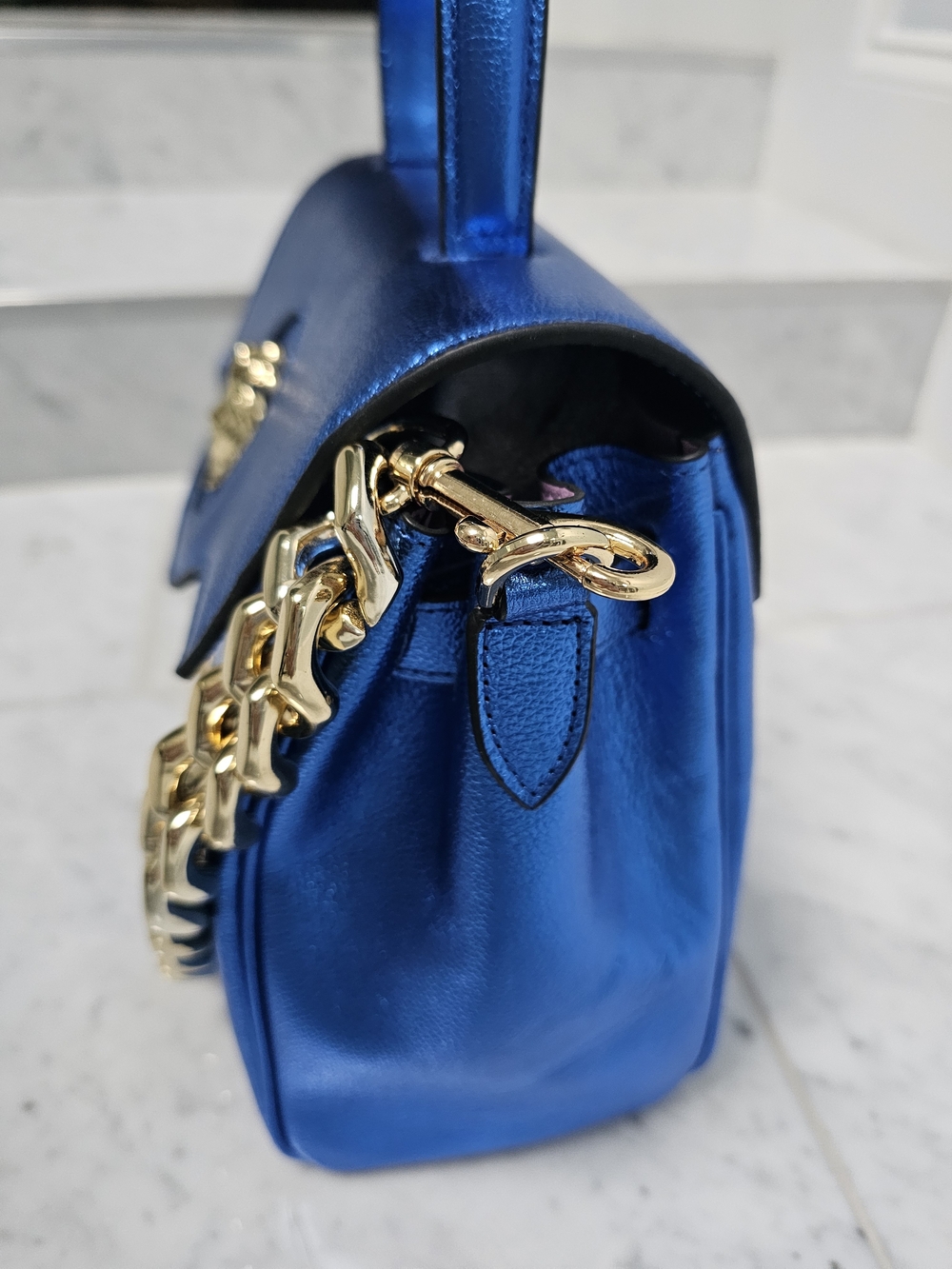 Metallic Blue Top-Handle Satchel with Gold Chain Accent - Picture 3 of 13